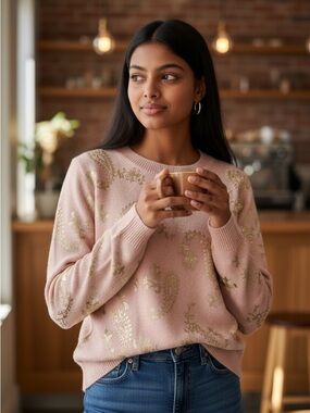 LOFT Pink Gold Paisley Soft Knit Sweater Size Small